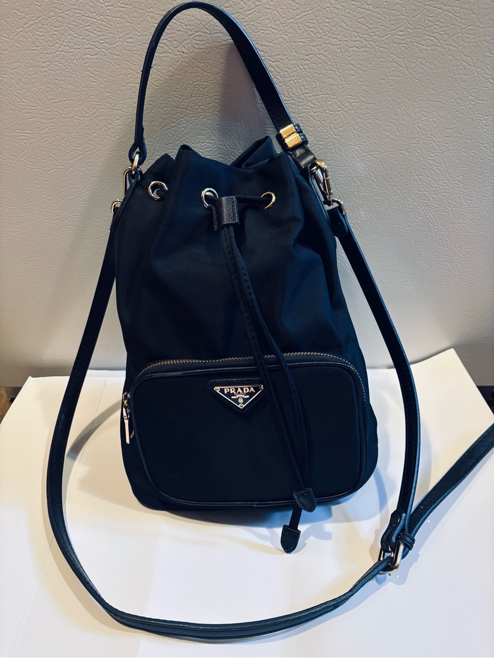 Prada Black Nylon Drawstring Bucket Shoulder Bag